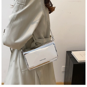Silver metallic crossbody bag with chain strap and brand logo shown on a model