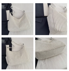 Detailed views of a white corduroy tote bag showing textured fabric and adjustable strap
