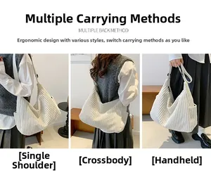 Detailed views of corduroy hobo bag in beige showing large capacity and soft texture