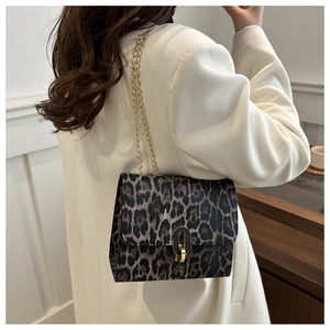 Retro leopard print crossbody bag with gold chain strap worn by a model in white blazer