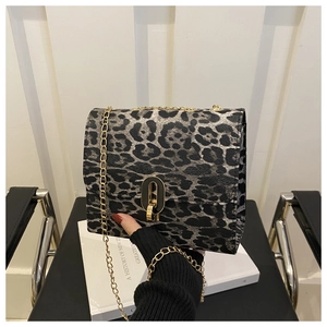 Detail of leopard print crossbody bag with gold chain strap and oval black-gold buckle