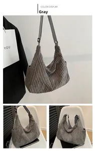 Detailed views of gray corduroy tote bag showing large capacity and adjustable strap