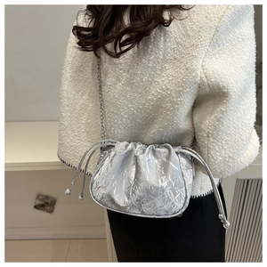 Silver metallic cloud bag with pleated texture and chain strap shown on model's shoulder
