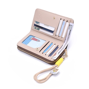 Beige PU leather zip wallet for women featuring multi-card slots and a yellow wristlet