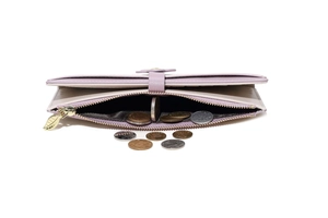 Detail of light purple long wallet showing spacious coin compartment and leaf zipper pull