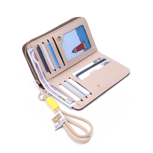 Interior detail of beige PU leather wallet featuring multi-card slots and ID window