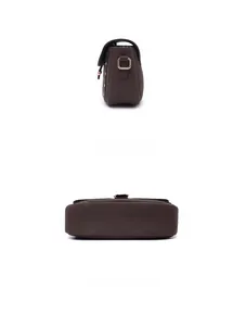 Detailed side and bottom views of a dark brown crossbody bag with saffiano texture