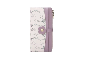 Detail of floral print and metallic flower clasp on bicolor luxury long wallet