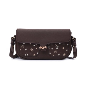 Classic dark brown crossbody bag with floral pockets and golden leaf buckle closure