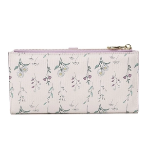 Floral print long wallet for women with purple zipper and golden metal hardware