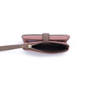 Detail view of pink PU leather wallet showing zipper pocket, card slots and wrist strap