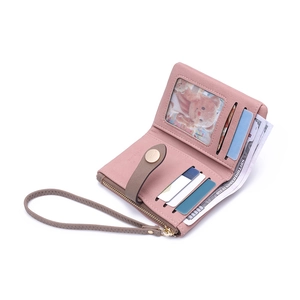 Pink PU leather wallet interior showing multiple card slots and a secure zipper pocket
