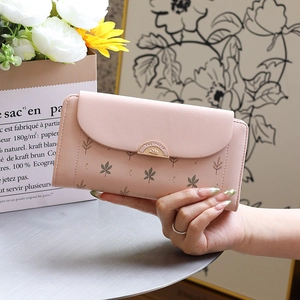 Fashion Women Long Wallet PU Leather Leaf Print Tri-fold Clutch Wallet With Metal Buckle Zip Purse For Student Daily Use