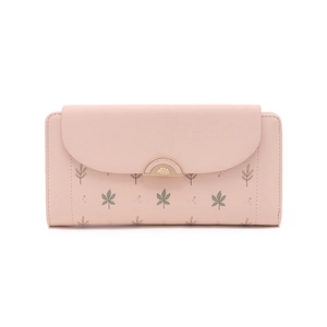 Detail of light pink leather wallet with leaf print and golden crescent metal clasp