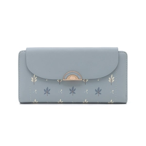 Close-up of trifold wallet metal clasp with delicate leaf print and blue leather texture