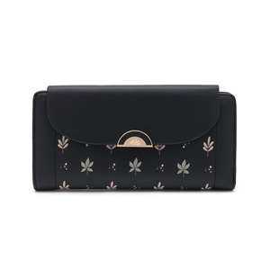 Close-up of pebble leather wallet with gold semi-circle clasp and floral leaf print