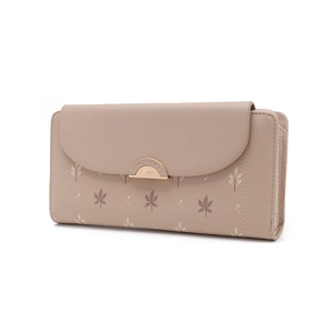 Detail of leaf pattern and gold semicircular buckle on a beige trifold wallet