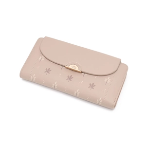 Detail of dust pink PU leather wallet featuring leaf print and gold metal snap closure
