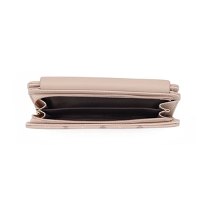 Detailed interior of a beige tri-fold wallet showing card slots and a golden zipper pocket