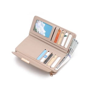 Short tri-fold beige wallet with multi-card slots and secure gold zipper closure