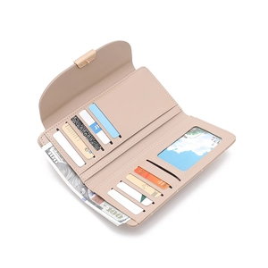 Detailed interior of beige leather wallet featuring multiple card slots and clear photo ID holder