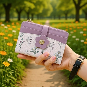 Women Short Wallet PU Leather Floral Print Flower Buckle Multi Slot Zipper Coin Purse Elegant Splicing Card Holder