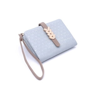 Floral short bifold wallet with wristlet strap and golden leaf buckle for women