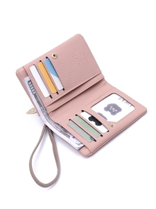 Pink lychee texture lady short wallet with wrist strap and functional slots
