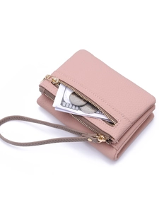 Pink lychee grain leather wallet with wristlet, double zipper and large capacity