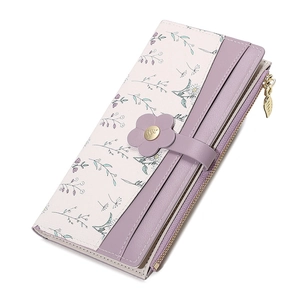 Women Long Wallet PU Leather Flower Buckle Patchwork Floral Print Multi Card Slots Zipper Pocket Clutch Bag Elegant