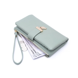 Cartera larga para mujer verde menta en cuero PU con colgante de hoja y muñequera