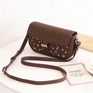 Women Crossbody Bag PU Leather Golden Leaf Buckle Floral Star Print Flap Square Shoulder Bag Versatile Daily Elegant