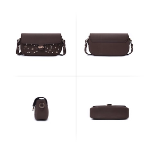 Dark brown leather shoulder bag shown from four angles with gold hardware and flap cover