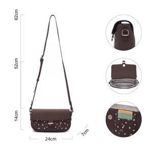 Brown PU leather crossbody bag with star pattern and dimensions of 24x14x7cm shown