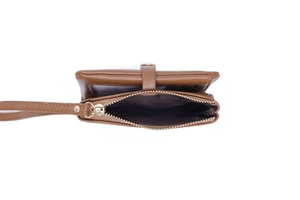 Detailed interior of a caramel PU leather wallet showing card slots and zipper compartment