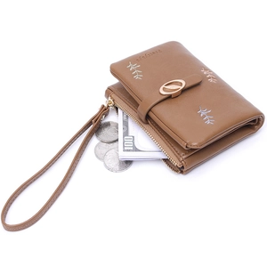 Brown PU leather floral embroidered wallet with gold leaf clasp and wrist strap