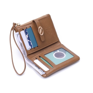 Brown PU leather wallet featuring card slots, photo window, and gold leaf snap buckle