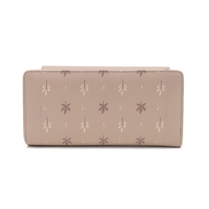Pink trifold wallet with nature leaf prints and minimalist vertical zip closure design