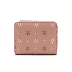 Petit portefeuille carré en cuir PU vieux rose avec imprimé floral et fermeture éclair