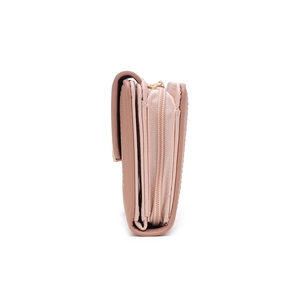 Vue latérale d'un petit portefeuille rose en similicuir avec fermeture éclair et bouton