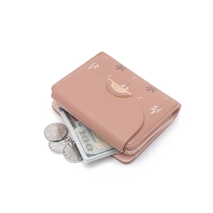 Petit portefeuille trifold rose poudré pour femme en cuir PU avec motif floral élégant