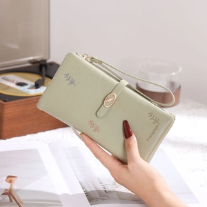 Portefeuille Long en Cuir PU pour Femmes Avec Broderie de Feuilles Dragonne Pochette Multifonctionnelle Grande Capacité
