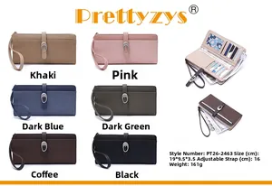 Detailed view of striped long wallets in six colors with multi-slot interior structure