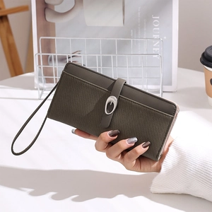 Olive green long striped wallet for women with metal horseshoe buckle and hand strap