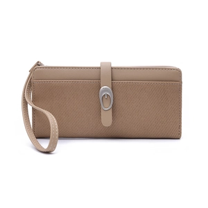 Close-up of a long wallet with textured twill pattern, wrist strap, and metal buckle