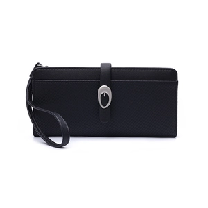 Detail of black twill leather wallet with silver metal buckle and wristlet strap