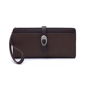 Detail of coffee brown striped long wallet with silver buckle and hand strap
