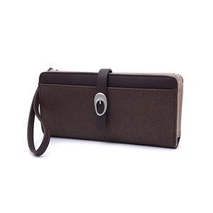 Detailed view of dark brown striped long wallet with multi-layer organ structure and wristlet