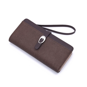 Brown striped long wallet for women with high-quality leather trim and metal clasp buckle