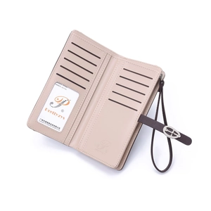 Detail view of the multi-slot interior of this beige long wallet with ID window